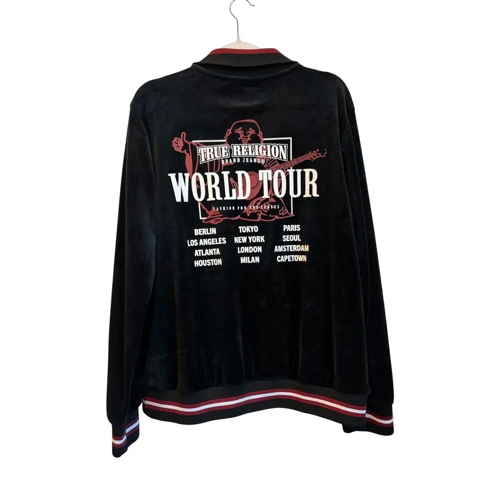 True Religion Mens Velour Tour Track Jacket Size Medium Black World Tour